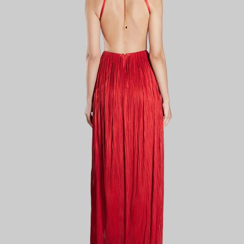 Red Dress - Slanted Shoulder Pleated