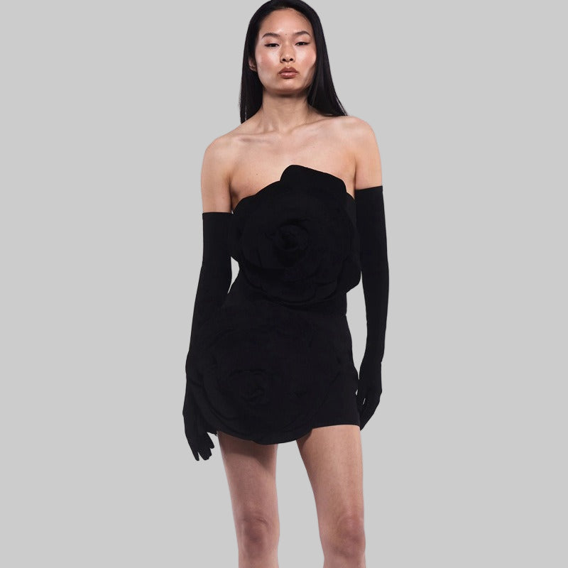 Black Dress - Strapless Rose Detail