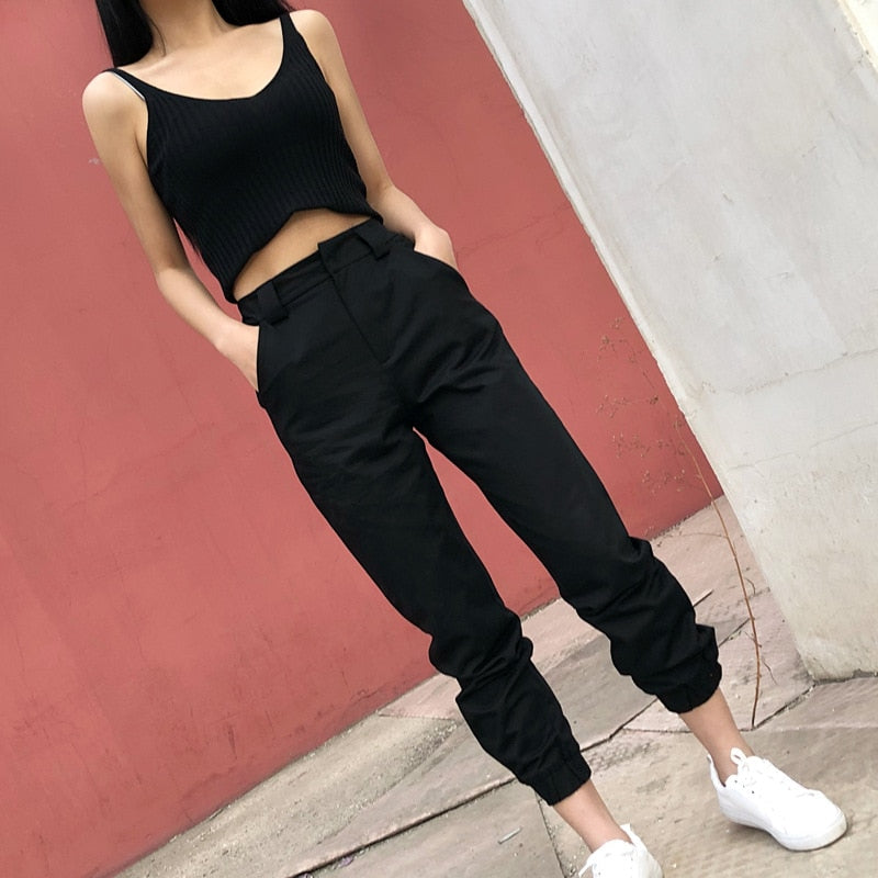 Black Trousers - High Waist Cargo Pants