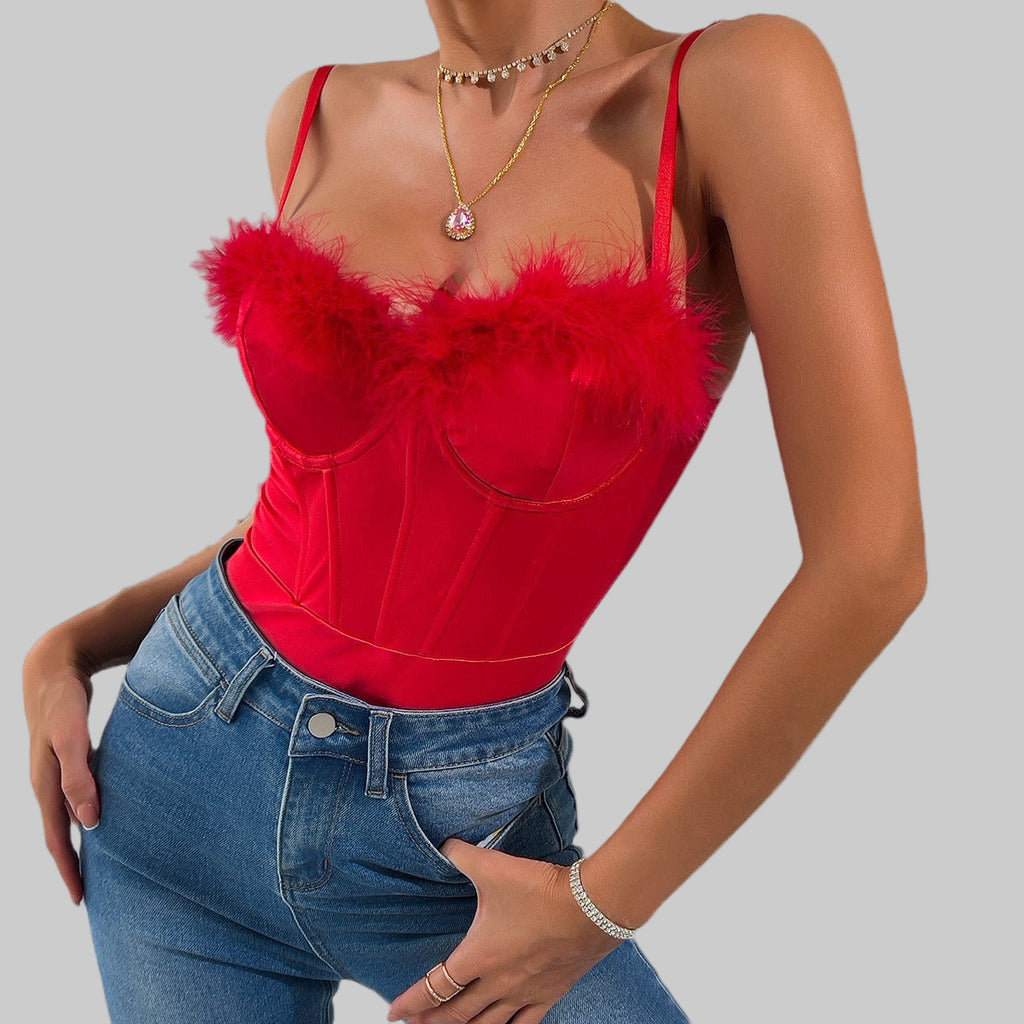 Red Top - Feather Strap Bodysuit