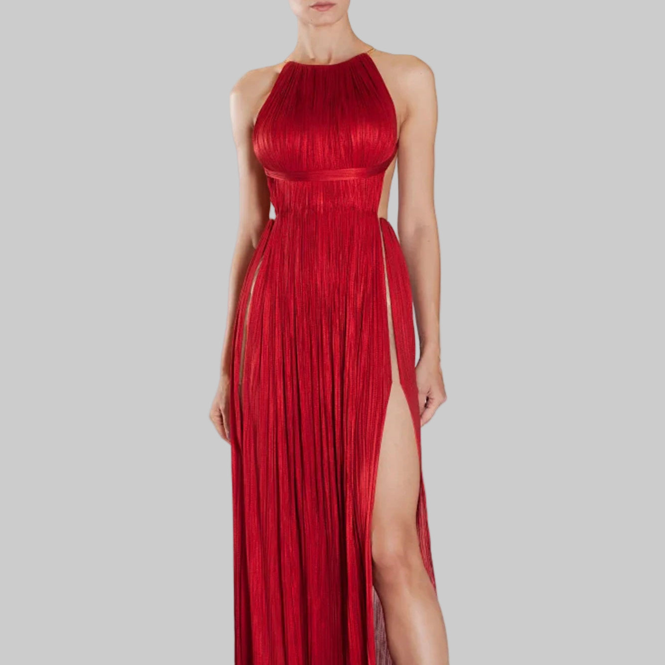 Red Dress - Slanted Shoulder Pleated