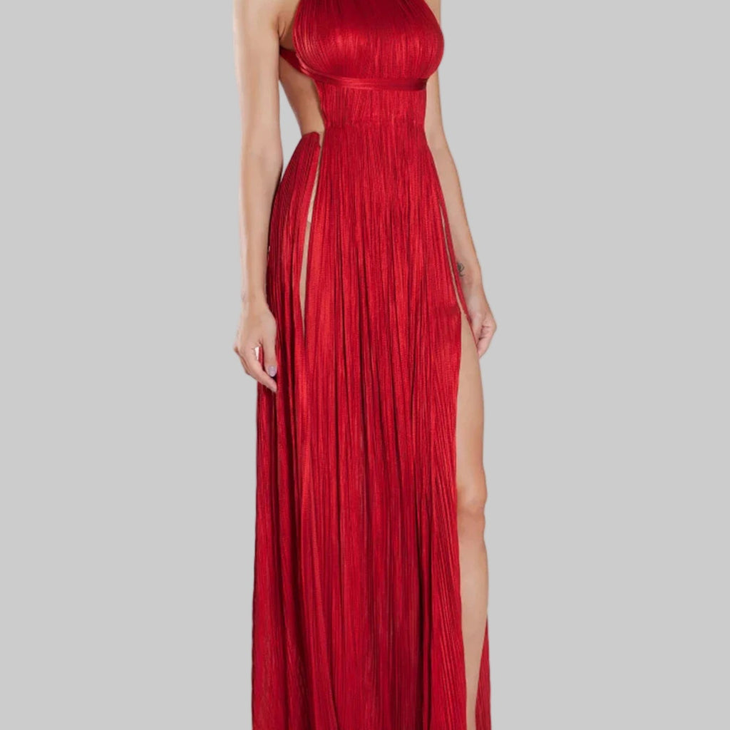 Red Dress - Slanted Shoulder Pleated
