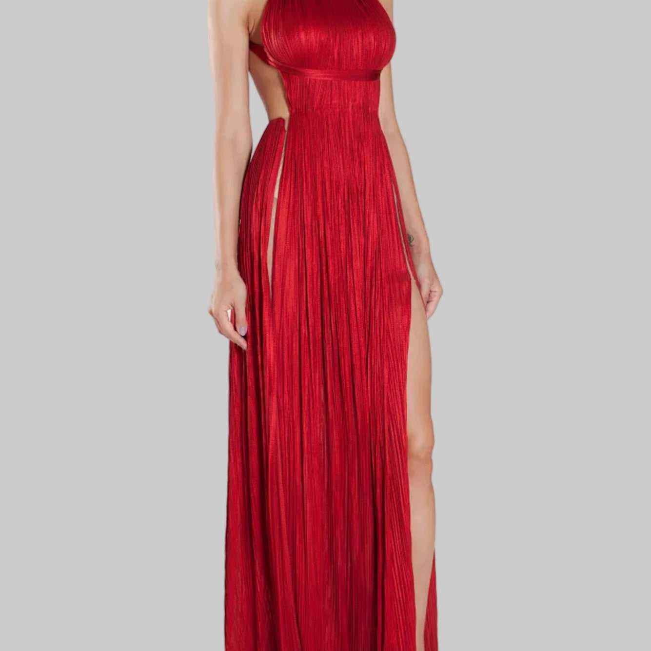 Red Dress - Slanted Shoulder Pleated