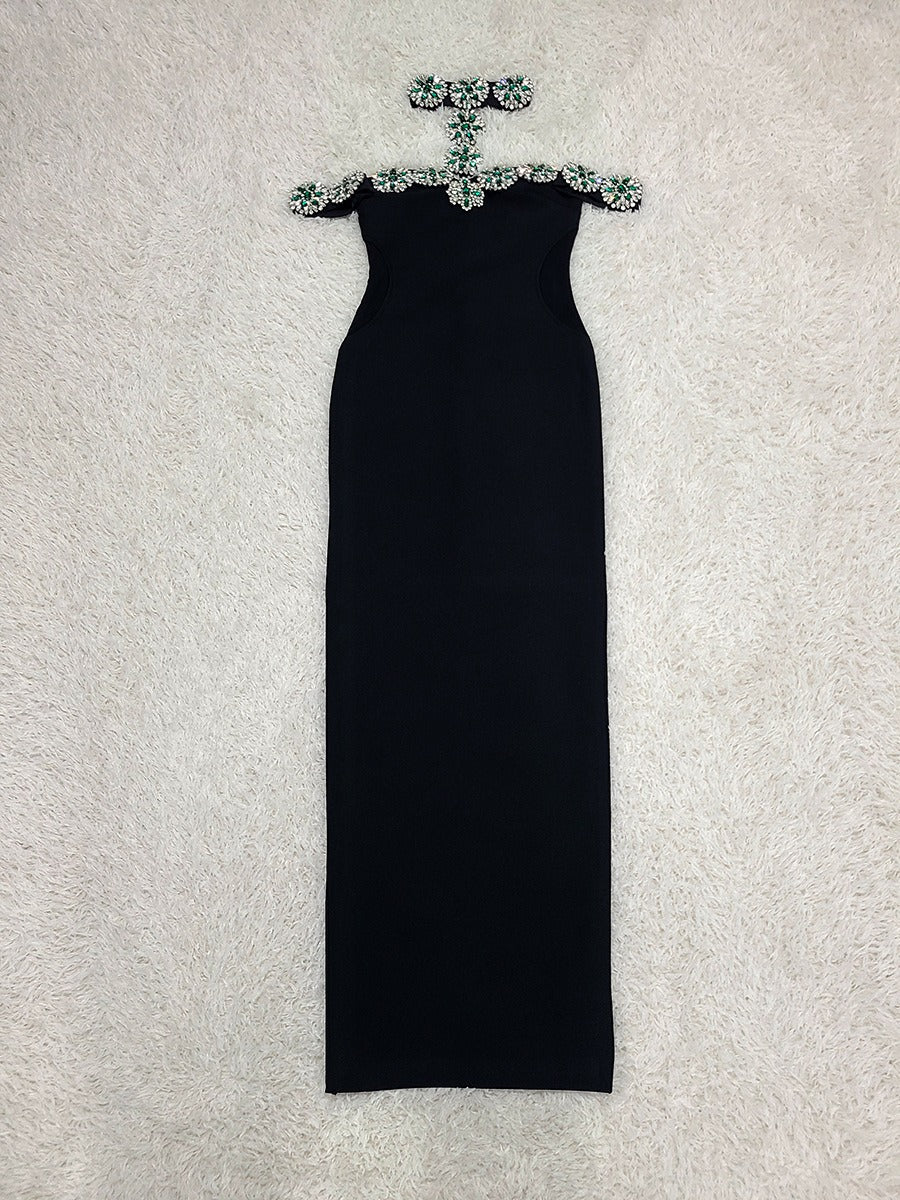 Black Dress - Bandage Rhinestone Neckline