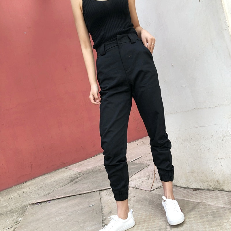 Black Trousers - High Waist Cargo Pants