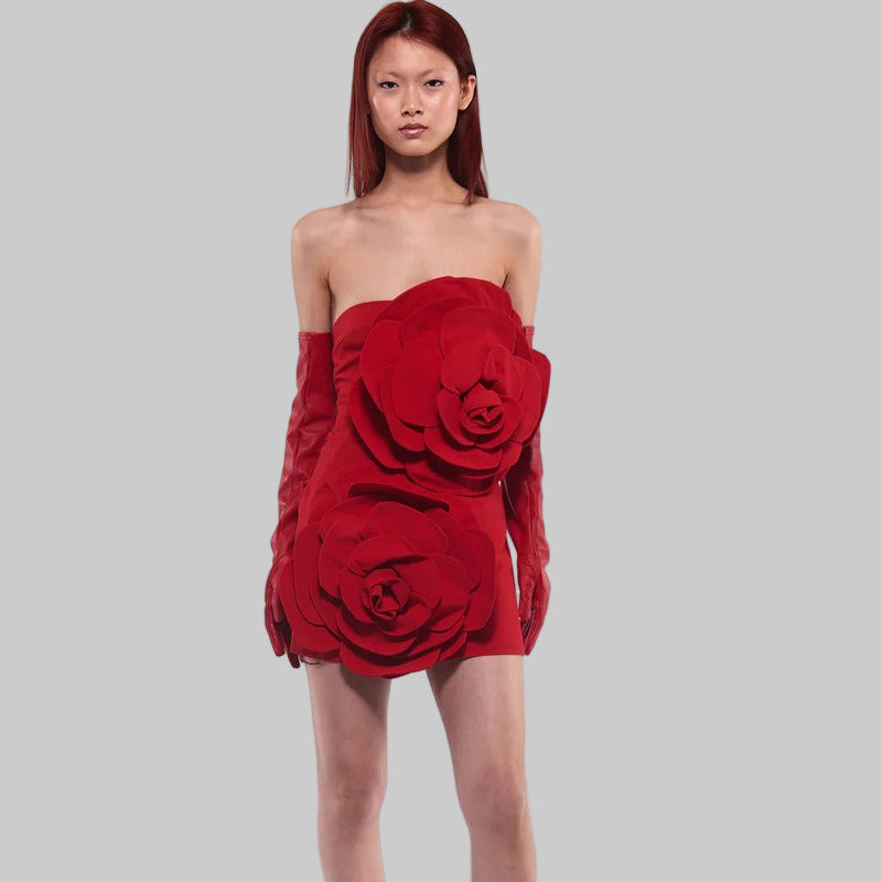 Red Dress - Strapless Rose Detail