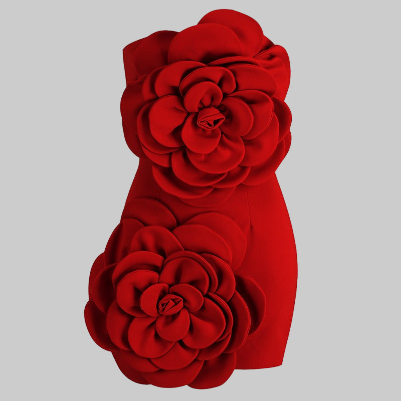 Red Dress - Strapless Rose Detail
